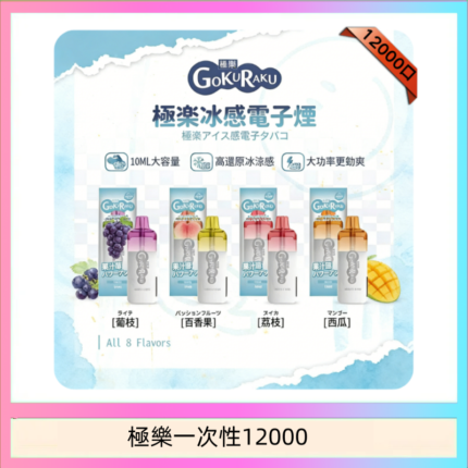 【8種口味】極楽 12000口一次性電子煙|超大容量 |口感絲滑|新品